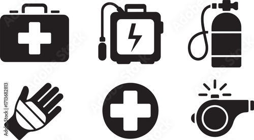 First Aid Kit and Medical Equipment Icons Set Featuring Oxygen Tank, Whistle, and Protective Gloves