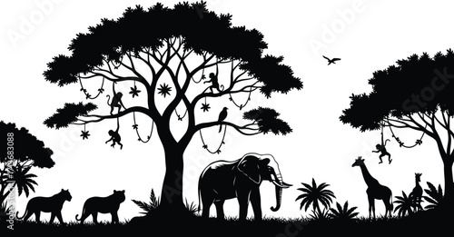 Silhouette of African Wildlife with Monkeys, Elephant, Lions