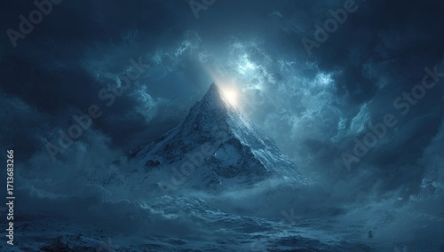 A majestic snow-capped peak radiates light through a stormy, dark blue sky, clouds swirling around its base in a dramatic, ethereal scene