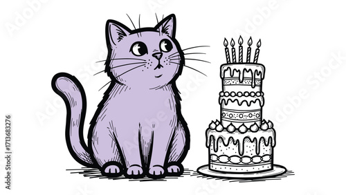 Curious Cat and Birthday Cake: A whimsical illustration captures the charming innocence of a cat gazing with curiosity at a tall, candle-topped birthday cake.