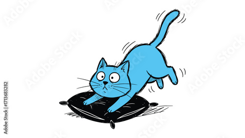 Curious cat in action: A light-blue cat leaps, caught mid-air with a comic intensity. poised above a black pillow, inviting you into the realm of playful illustration.