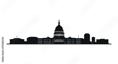A striking black silhouette of a city skyline with a central dome