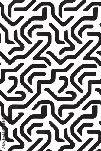 Abstract black and white maze pattern with flowing lines and geometric shapes creating a complex visual texture