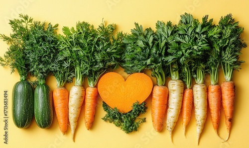 Colorful vegetables arranged in a heart shape on a yellow background