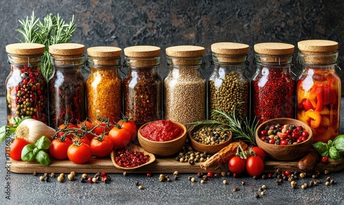 Colorful spices and herbs arranged in glass jars