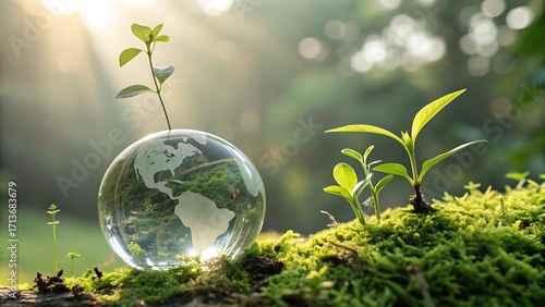 Crystal earth globe with growing plant in sunlight on mossy ground