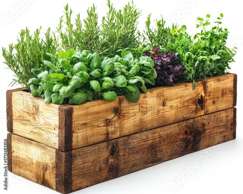 Wooden planter box filled with various herbs