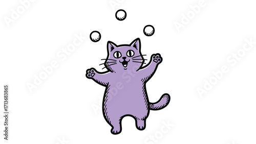 Juggling Cat's playful performance: A whimsical cartoon depicts a playful cat joyfully juggling multiple white balls, showcasing dexterity and fun.