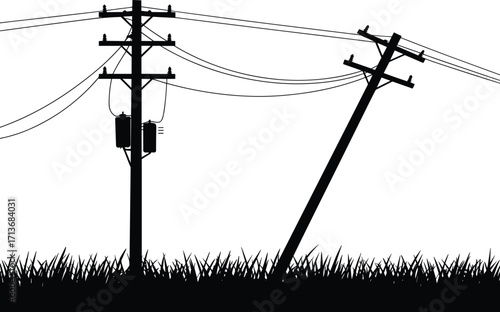 Leaning utility pole, damaged power line, electrical infrastructure hazard, rural safety risk, wooden pole tilt, electricity distribution issue, outdoor maintenance problem