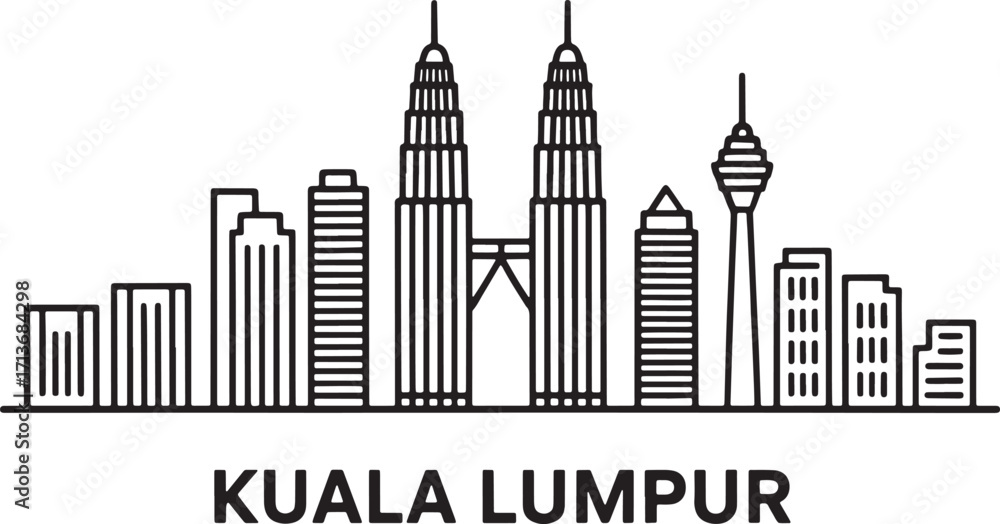 Fototapeta premium Kuala Lumpur Skyline Silhouette Vector Illustration with Petronas Towers and Cityscape Outline