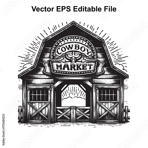 Vector art of vintage cowboy market barn building with sunburst and wooden doors