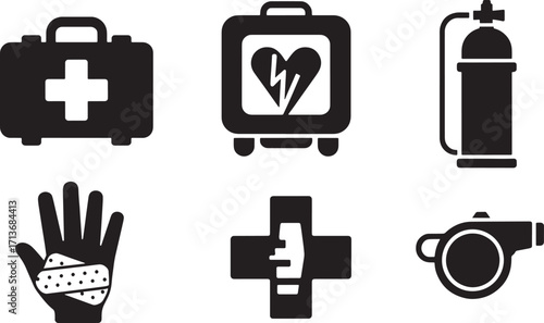 Medical Emergency Icons Set First Aid Kit Defibrillator Oxygen Tank Hand Bandage Whistle Vector