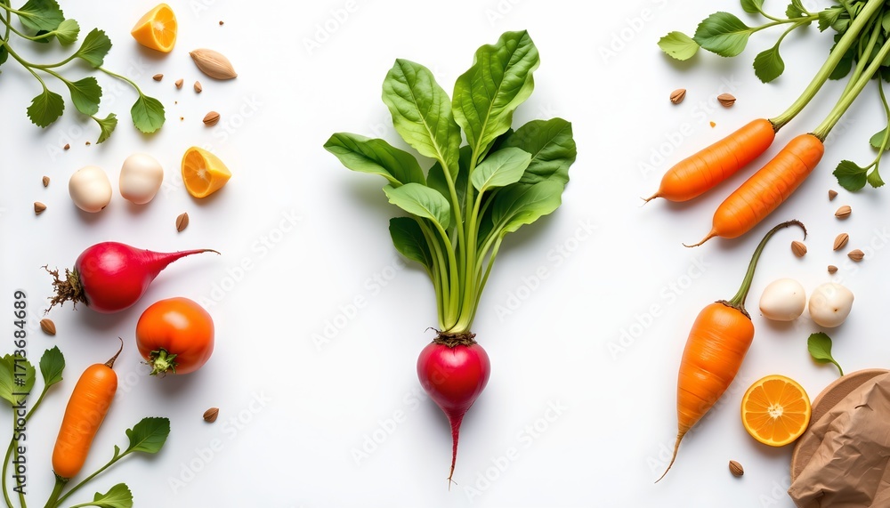 custom made wallpaper toronto digitalA vibrant display of fresh vegetables and fruits arranged symmetrically against a white background
