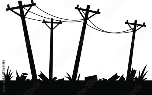 Abandoned utility poles, damaged power lines, rural infrastructure decay, overgrown weeds, debris, neglected electricity network, post‑apocalyptic scene, broken wooden poles