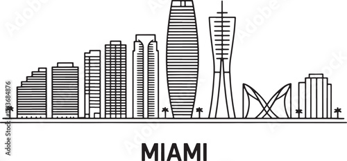 Miami Cityscape Silhouette Vector Illustration with Modern Buildings and City Outline Design