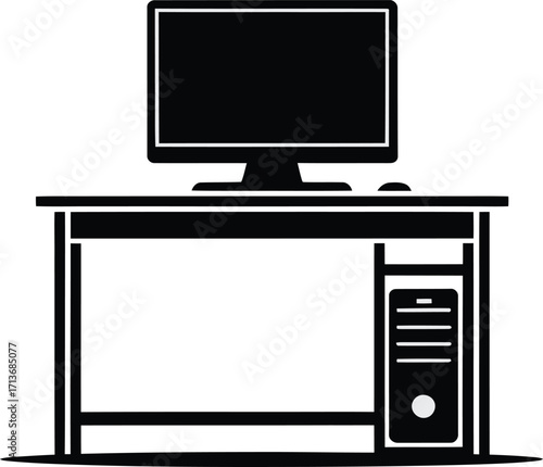 Modern Computer Desk with Tower and Monitor Silhouette Icon for Office or Home Workspace Design