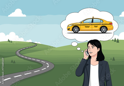 Woman calling for a taxi while thinking about a yellow cab on a winding road.