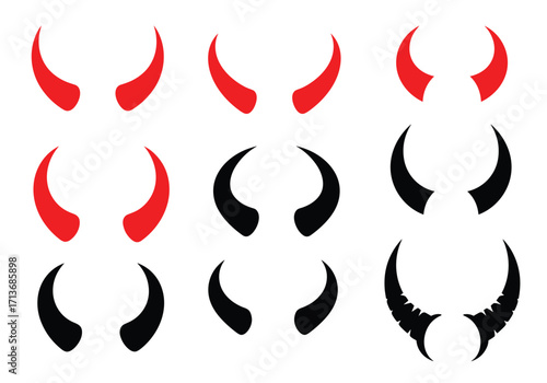 Collection of devil horns in red and black various shapes and sizes for costumes and decorations.