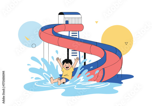 A happy child enjoying a thrilling ride down a water slide at a fun water park.