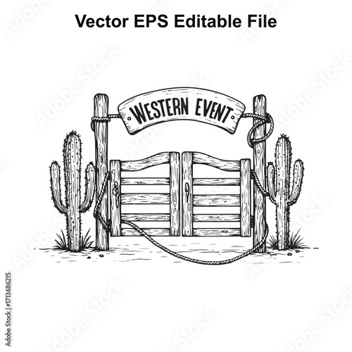 Vector art of western event gate with cactus and rope