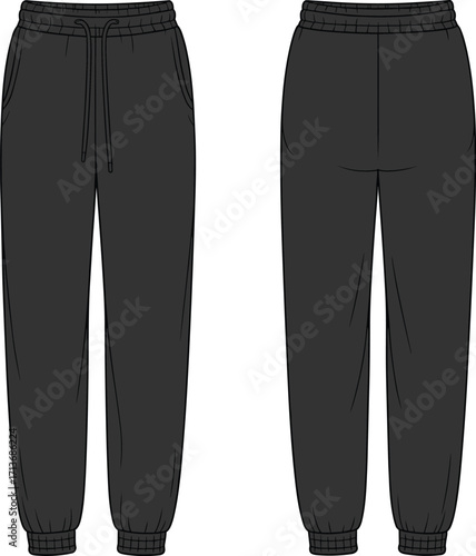 Men’s jogger sweatpants technical flat sketch, black drawstring pants front and back view, cad fashion vector illustration