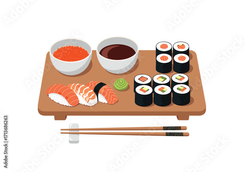 Delicious assortment of sushi and sashimi served on a wooden platter with chopsticks and dipping sauces.
