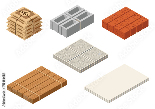 A variety of construction and building materials are shown from a top down perspective.