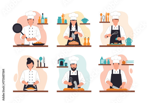 Illustrations of chefs preparing delicious food in a modern kitchen setting for culinary art.