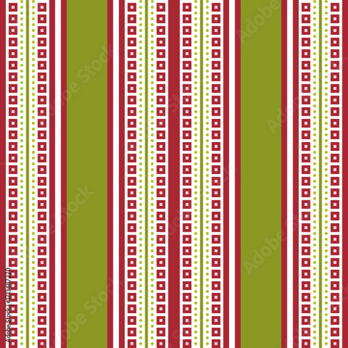 Geometric pattern design of red and green bold vertical and square on white. Pattern seamless vintage style. Concept of stripes, abstract, dots, boho for fabric texture, tiles, wrapping paper, decor.