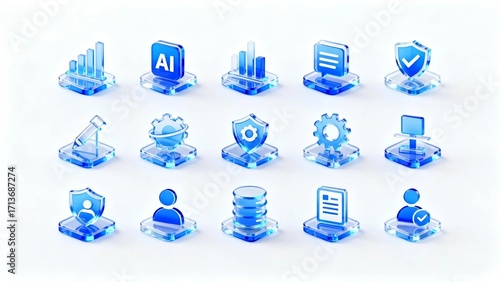 3D Blue Glass Interface Icons Set for AI, Analytics, Security, Users and Documents on White