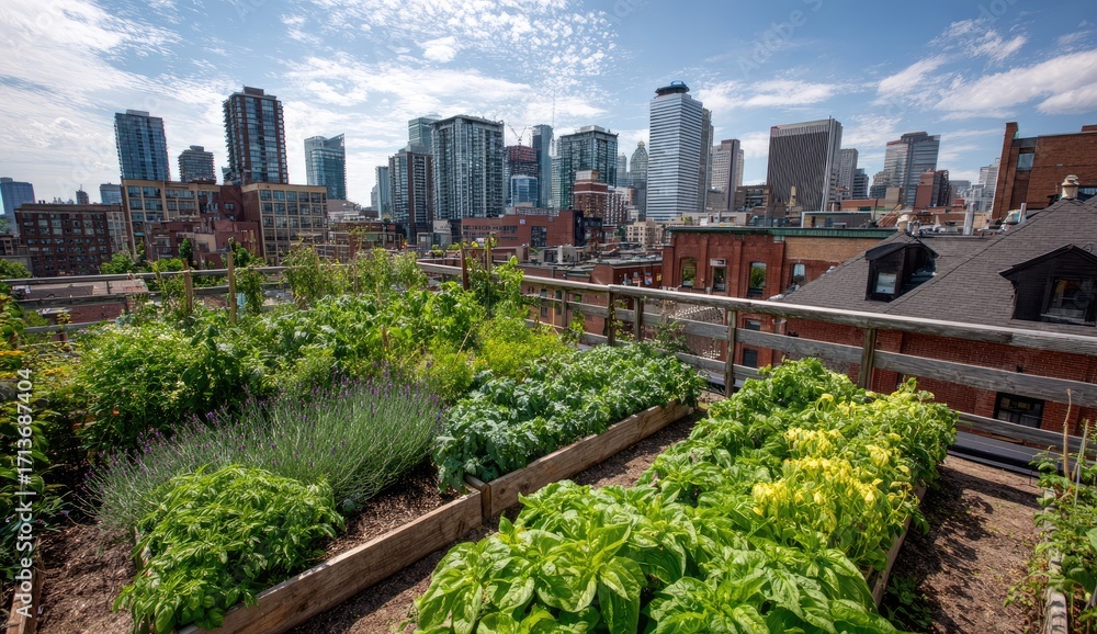 Fototapeta premium Urban rooftop garden overlooking city