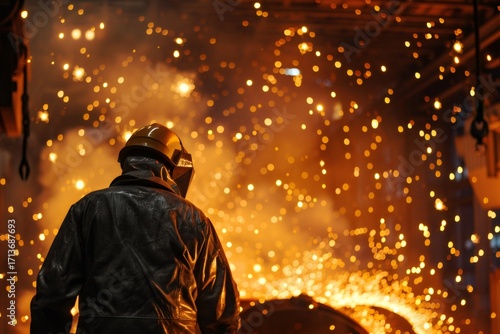 Industrial worker observing molten metal in steel mill with sparks flying