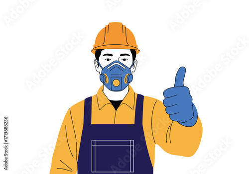 A construction worker wearing a safety mask and hard hat gives a thumbs up gesture.