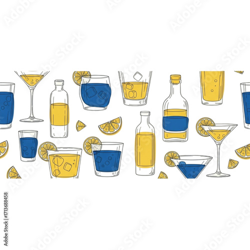 Assortment Of Cocktails And Bottles With Lemon Slices Pattern drink beverage