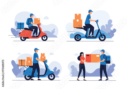 Illustrations of delivery workers with packages on scooters and receiving items.
