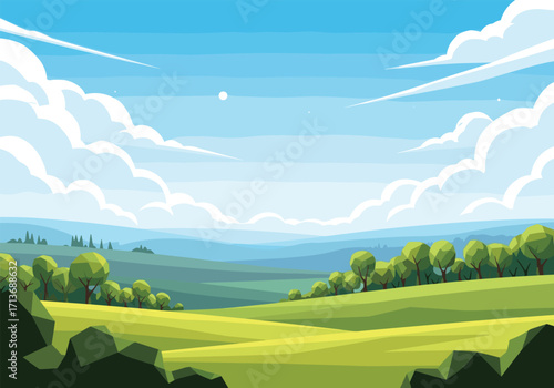 A peaceful landscape with rolling green hills and fluffy white clouds in a clear blue sky.