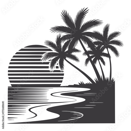 Exotic Coastal Sunset Artwork with Beach Loungers