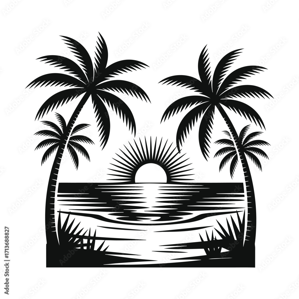 Fototapeta premium Summer Sunset Landscape Vector with Palm Tree Silhouettes