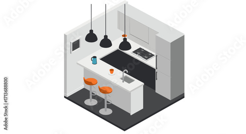 Modern isometric kitchen design with minimalist style and orange accents