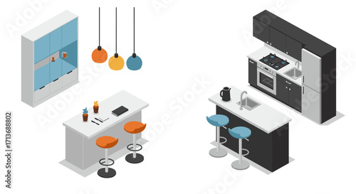 Modern isometric kitchen interior design with appliances and dining area