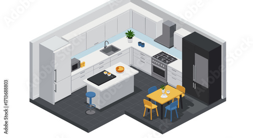Modern isometric kitchen design with minimalist furniture and appliances
