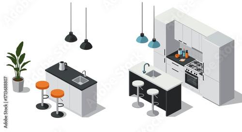 Modern isometric kitchen interior with island, stools, and appliances