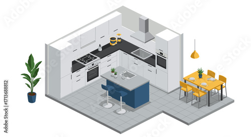 Modern isometric kitchen design with dining area and contemporary furniture