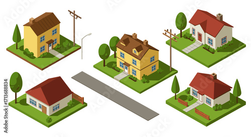 Charming isometric neighborhood with various cozy houses and greenery