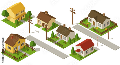 Charming suburban neighborhood with cozy isometric houses and lush greenery