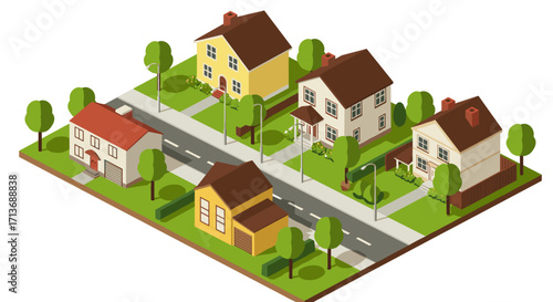 Isometric residential neighborhood street with houses and trees