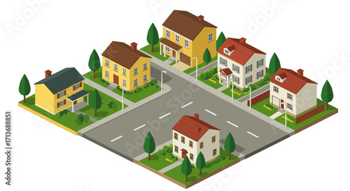 Charming suburban neighborhood with isometric houses and lush greenery