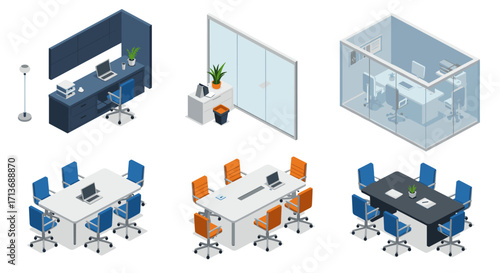 Modern office furniture set in isometric design for workspace and conference rooms