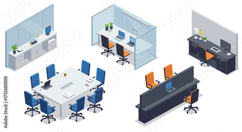 Modern office spaces collection: isometric desks, conference table, glass cubicles, and executive workstations