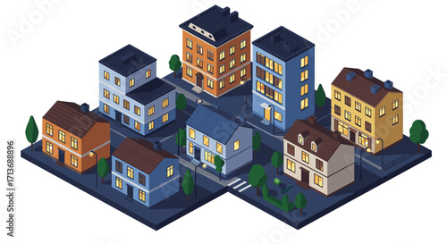 Isometric urban neighborhood with modern and traditional architecture